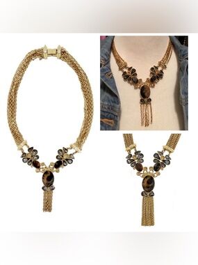 Ann Taylor Tortoise Crystal Fringe Tassel Statement Necklace Gold Tone Retired